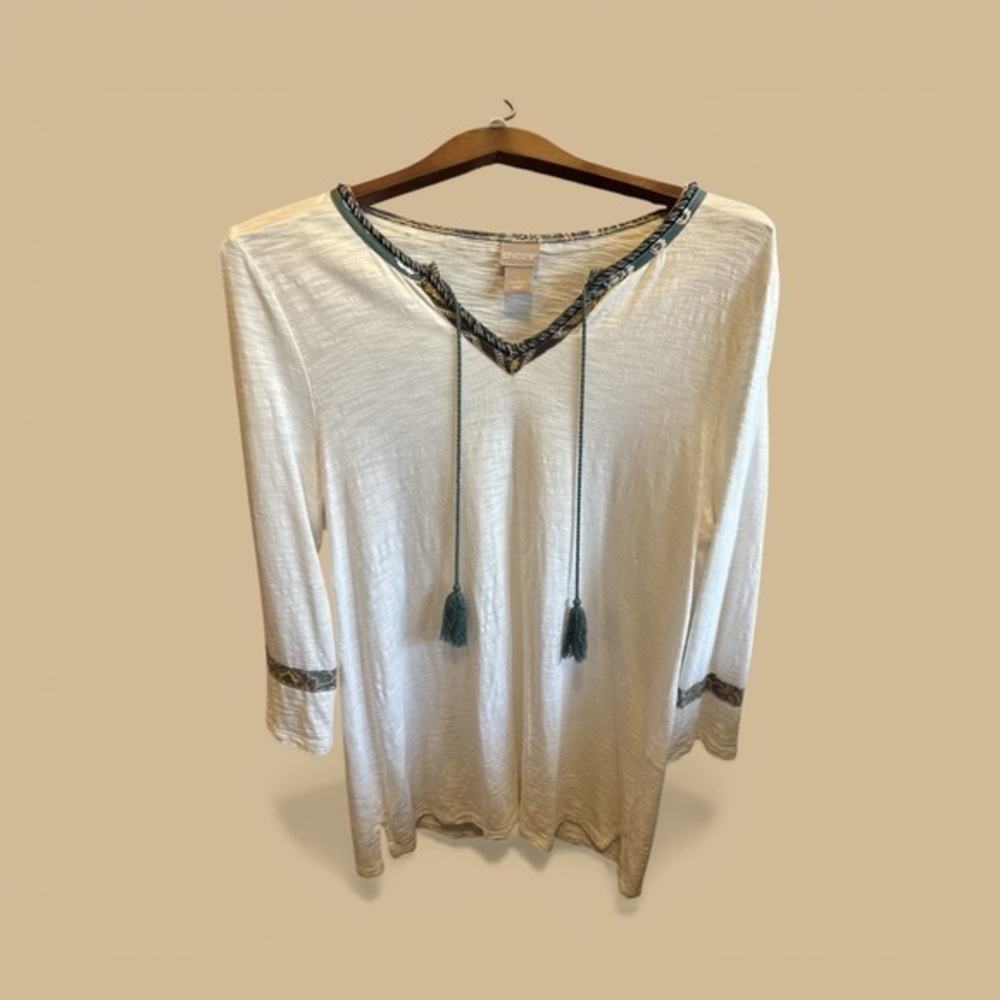 Chico’s Cream Tunic with Teal Trim and Tassels Long Sleeve Bohemian Casual Top